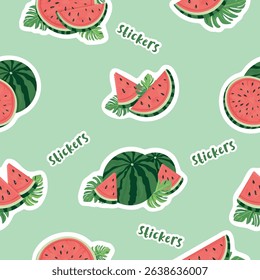 Seamless Watermelon Sticker Pattern on Light Green Background – Vector Design with Whole Fruits, Slices and Leaves for Kids, Summer Decor, Watermelon Day and Home Textiles
