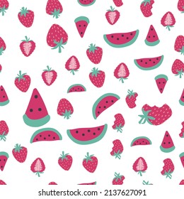 Seamless watermelon and strawberry pattern. Strawberries and watermelon seamless hand drawn pattern