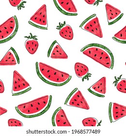 Seamless watermelon and strawberry pattern. Summer watercolor berry print