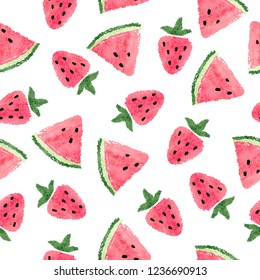 Seamless watermelon and strawberry pattern. Vector watercolor fruit background.