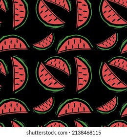 Seamless watermelon vector pattern. Colored doodle vector with watermelon icons isolated on black background. Vintage watermelon pattern, sweet elements background for your project