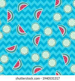 Seamless watermelon vector pattern. Repeat lime background with food elements. Trendy blue summer fashion print design. Modern illustration.