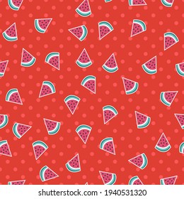 Seamless watermelon vector pattern. Repeat background with food elements. Trendy red summer fashion print design. Modern illustration.