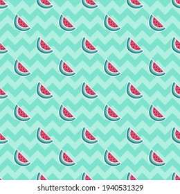 Seamless watermelon vector pattern. Repeat background with food elements. Trendy mint summer fashion print design. Modern illustration.