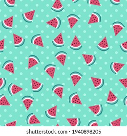 Seamless watermelon vector pattern. Repeat background with food elements. Trendy mint summer fashion print design. Modern illustration.