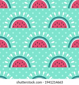 Seamless watermelon vector pattern. Repeat summer background with fruit elements. Trendy mint green food fashion print design. Modern illustration.