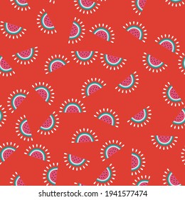 Seamless watermelon vector pattern. Repeat summer background with fruit elements. Trendy red food fashion print design. Modern illustration.