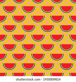 Seamless watermelon vector pattern. Repeat summer fruit  background with organic elements. Trendy cute yellow fashion print design. Modern illustration.