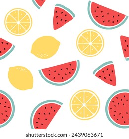 Seamless watermelons and lemon pattern. Summer fruit vector background. Flat design for textile print. Watermelon lemon fruit Cartoon repeat vector illustration.