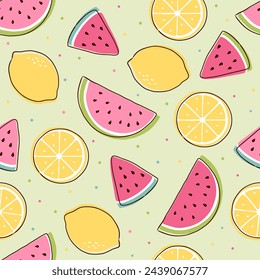 Seamless watermelons and lemon pattern. Summer fruit vector background. Flat fashion design for textile print. Watermelon and lemon fruit cartoon repeat vector illustration.