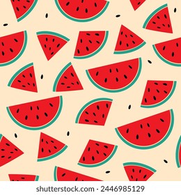 Seamless watermelons pattern. Seamless background with pieces of watermelon. Watermelon slices. Retro colors. Vector background. Flat design.