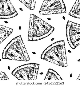 Seamless watermelons pattern. Seamless background with pieces of watermelon. Hand drawn watermelon slices. Watermelon seeds. Sketch vector background isolated in white background