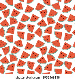 Seamless watermelons pattern.  Cheerful design for kids products with watermelon smiling characters on white background. Vector illustration. 