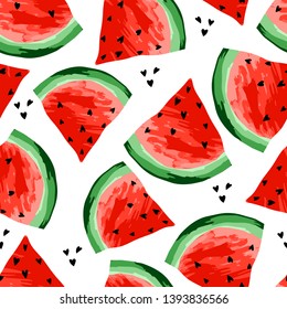 Seamless watermelons pattern. Slices of watermelon, berry background. Painted fruit, graphic art, cartoon. For the design of the fabric, print, wallpaper, wrapping. Vector illustration