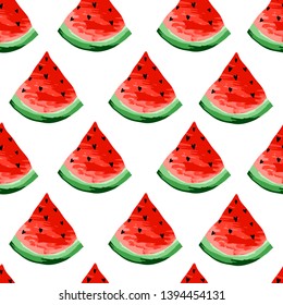 Seamless watermelons pattern. Slices of watermelon, berry background. Painted fruit, graphic art, cartoon. For the design of the fabric, print, wallpaper, wrapping. Vector illustration