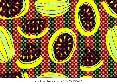 Seamless watermelons pattern. Vector background with watercolor watermelon slice. Vector illustration