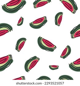 Seamless watermelons pattern. Vector background with watercolor watermelon slices. OneLine drawing.