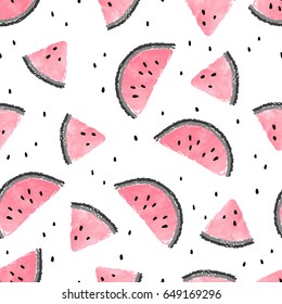 Seamless watermelons pattern. Vector background with pink watercolor watermelon slices.