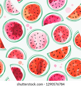 Seamless watermelons pattern with watercolor watermelon slices.