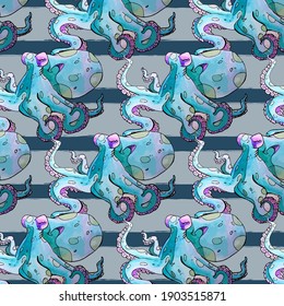 Seamless wattercolor pattern with octopus. Sea animals, underwater world. Blue octopus on striped background. For Cafe, restaurants, fabric, packages.