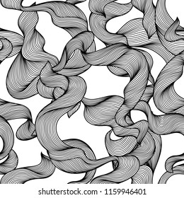 Seamless wave hair line pattern. Monochrome stripes black and white texture.