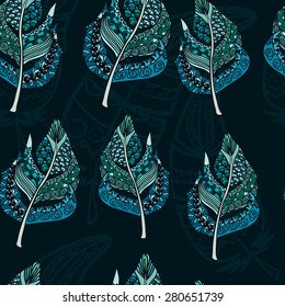Seamless wave hand-drawn pattern. bird feathers.