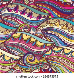 Seamless wave hand-drawn pattern, floral background. 