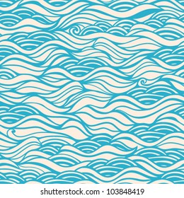 Seamless wave hand-drawn pattern, waves background (seamlessly tiling).Can be used for wallpaper, pattern fills, web page background,surface textures. Adult Coloring. Gorgeous seamless wave background