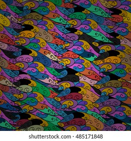 Seamless wave hand-drawn pattern, waves background. Vector.
