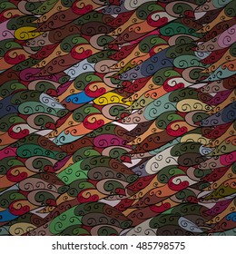 Seamless wave hand-drawn pattern, waves background. Vector.