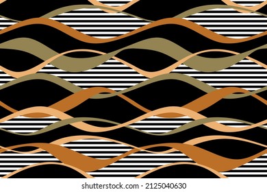Seamless wave line with striped pattern on black. Vector Illustration.