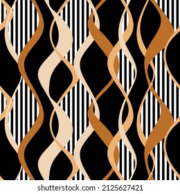 Seamless wave line with striped pattern on black. Vector Illustration.