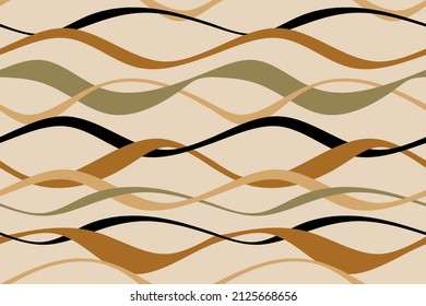 Seamless wave line with striped pattern on beige. Vector Illustration.