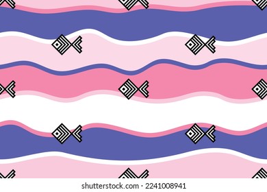 Seamless wave multicolor pattern with black and white pixel fish. Geometric elements on a background with smooth lines. Striped sea print