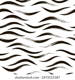 Patrón de onda sin costura, animal print, fondo de Vector moderno. Trazo de pincel ondulado, líneas de pintura de grunge de cebra, ilustración de acuarela abstracta de tigre