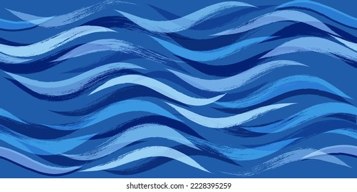 Seamless Wave Pattern, Blue wavy brush stroke. Hand drawn water sea vector background. curly paint lines, watercolor illustration