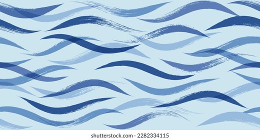 Seamless Wave Pattern, Blue wavy brush stroke. Hand drawn water sea vector background. curly paint lines, watercolor illustration
