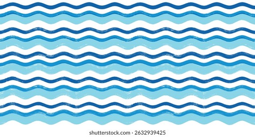 Seamless Wave Pattern, Brush stripes water sea vector background. Wavy beach print, watercolor curly paint lines