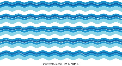 Seamless Wave Pattern, Brush stripes water sea vector background. Wavy beach print, watercolor curly paint lines