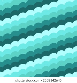 Seamless wave pattern featuring overlapping scallop shapes in shades of blue, teal, and turquoise. This abstract design evokes a sense of the ocean and marine life, making it perfect for aquatic-theme