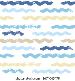 Seamless Wave Pattern, Hand drawn water sea modern vector background. Wavy beach brush stroke, curly grunge paint lines, watercolor illustration
