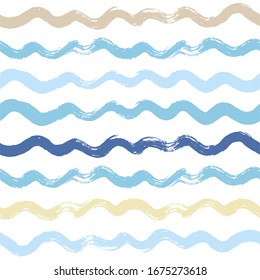 Seamless Wave Pattern, Hand drawn water sea modern vector background. Wavy beach brush stroke, curly grunge paint lines, watercolor illustration