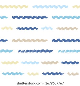 Seamless Wave Pattern, Hand drawn water sea modern vector background. Wavy beach brush stroke, curly grunge paint lines, watercolor illustration