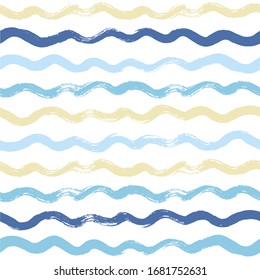 Seamless Wave Pattern, Hand drawn water sea modern vector background. Wavy beach brush stroke, curly grunge paint lines, watercolor illustration