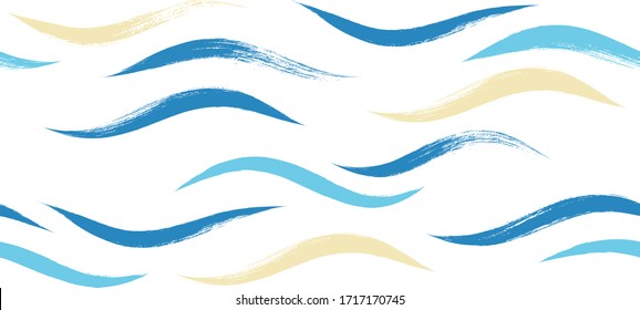 Patrón de ondas sin manchas, fondo vectorial moderno del agua dibujada a mano. Traje de pincel de playa ondulado, líneas de pintura ondulada, ilustración de acuarela de estilo japonés