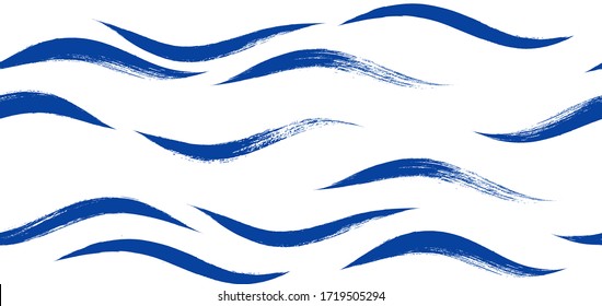 Seamless Wave Pattern, Hand drawn water sea modern vector background. Wavy beach brush stroke, curly grunge paint lines, Japan style watercolor illustration