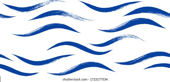 Seamless Wave Pattern, Hand drawn water sea modern vector background. Wavy beach brush stroke, curly grunge paint lines, Japan style watercolor illustration