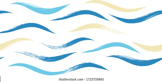 Seamless Wave Pattern, Hand drawn water sea modern vector background. Wavy beach brush stroke, curly grunge paint lines, Japan style watercolor illustration