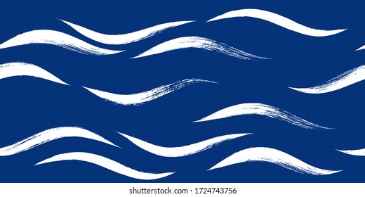 Seamless Wave Pattern, Hand drawn water sea modern vector background. Wavy beach brush stroke, curly grunge paint lines, Japan style watercolor illustration