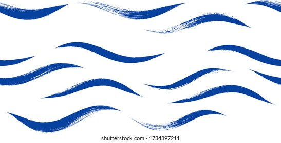 Seamless Wave Pattern, Hand drawn water sea modern vector background. Wavy beach brush stroke, curly grunge paint lines, Japan style watercolor illustration